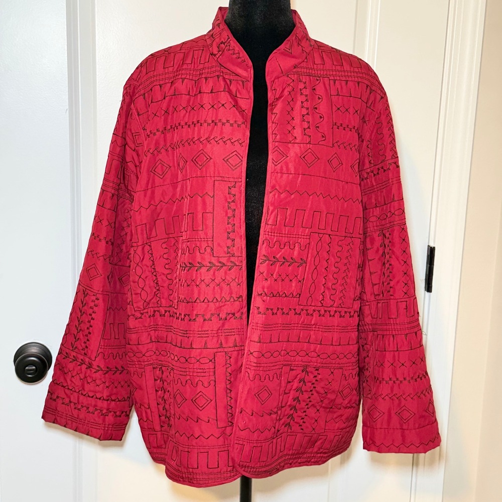 Alfred Dunner Womens Red Quilted Geometric Cardigan Size 18 Boho Cozy